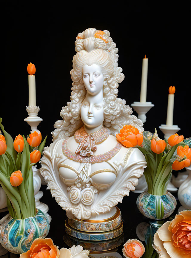 Ornate porcelain sculpture of woman with intricate hair details amid tulips, candles, and eggs on