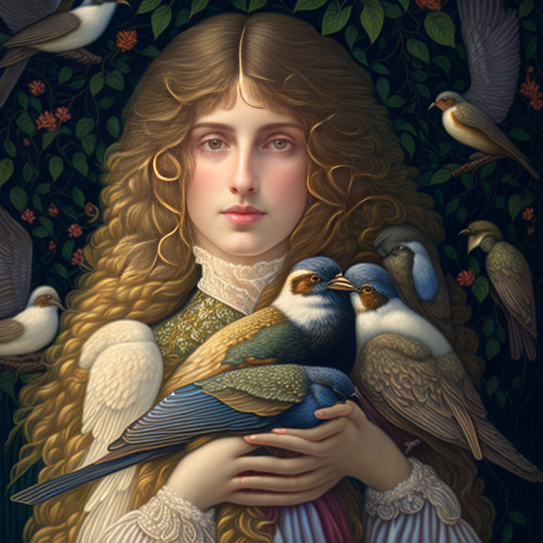 Woman with Long Wavy Hair Surrounded by Birds in Mystical Setting