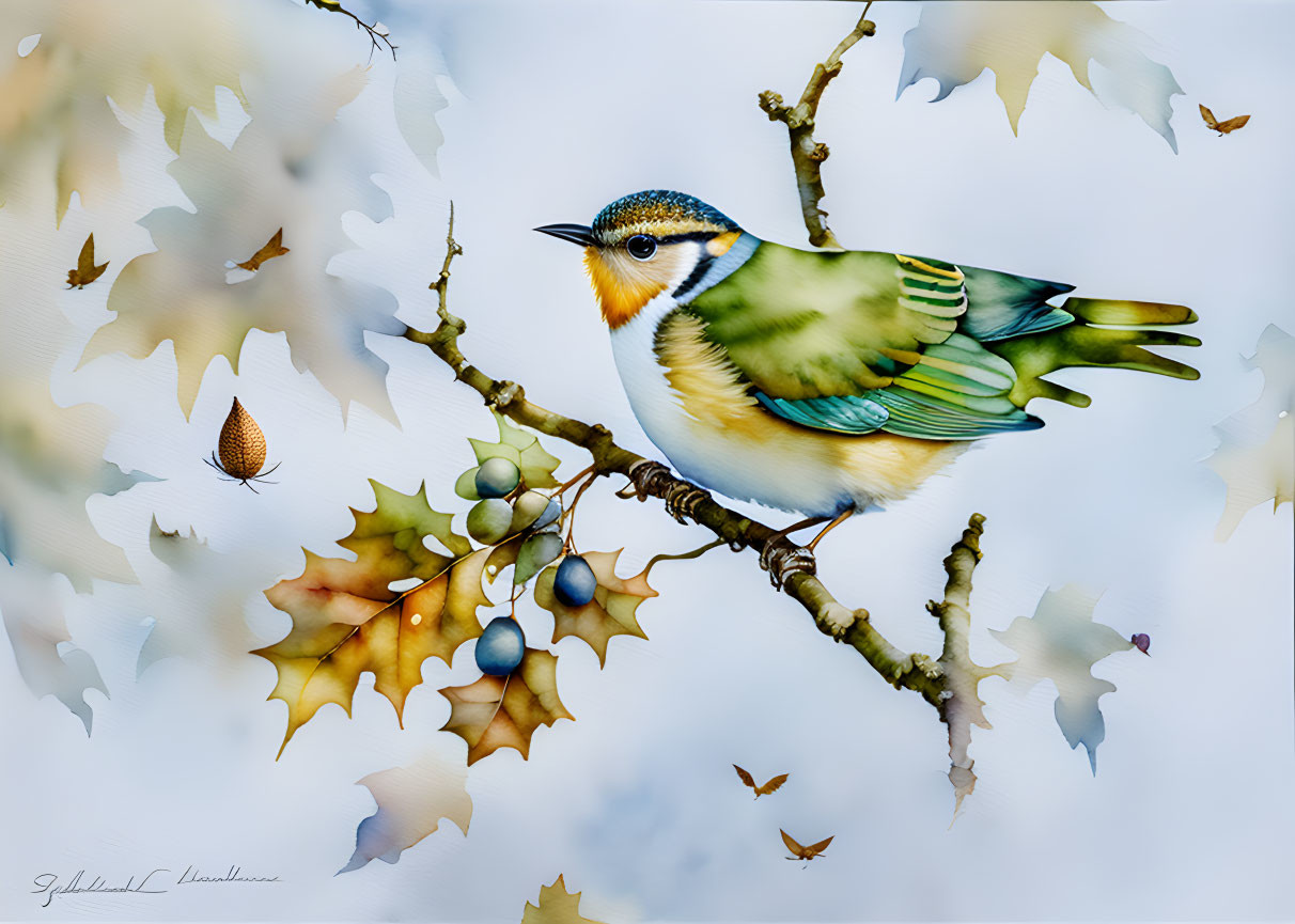 Colorful Bird Perched on Autumn Branch with Soft Background