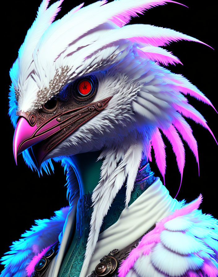 Stylized eagle digital artwork with white and pink feathers, blue collar, and red robotic eye