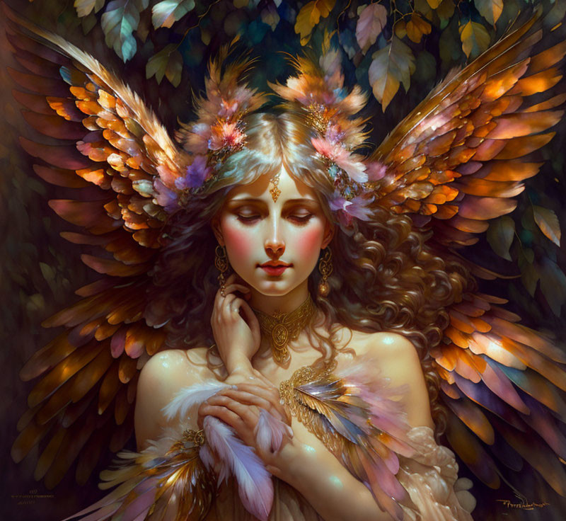 Colorful feathered wings and ornate jewelry on ethereal woman embodying angelic or mythical being