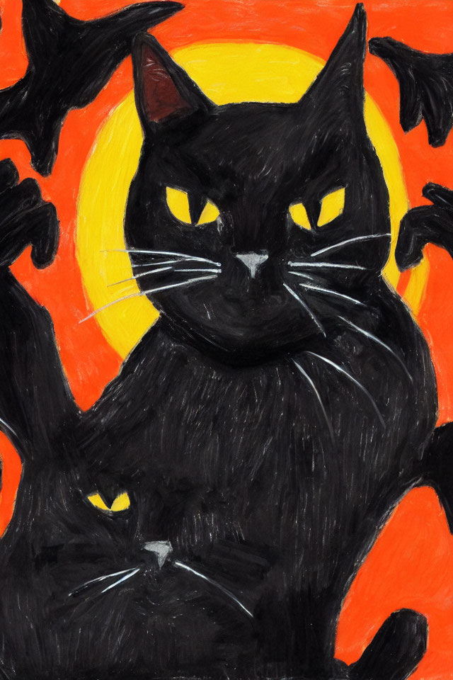 Hand-drawn image of a large black cat with white eyes on orange and yellow background with bat sil