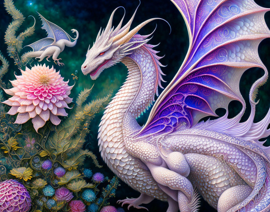 Detailed Mythical White Dragon Artwork with Purple Accents