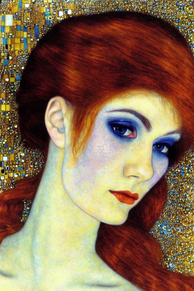 Woman with Striking Red Hair and Blue Eye Makeup on Gold Mosaic Background