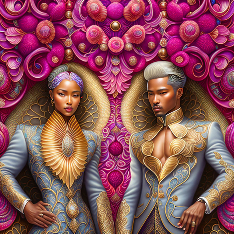 Stylized characters in ornate attire on vibrant floral backdrop