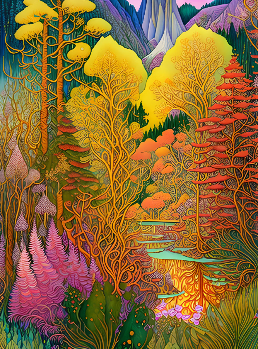 Colorful stylized forest with intricate leaves and rolling hills under a yellow sky