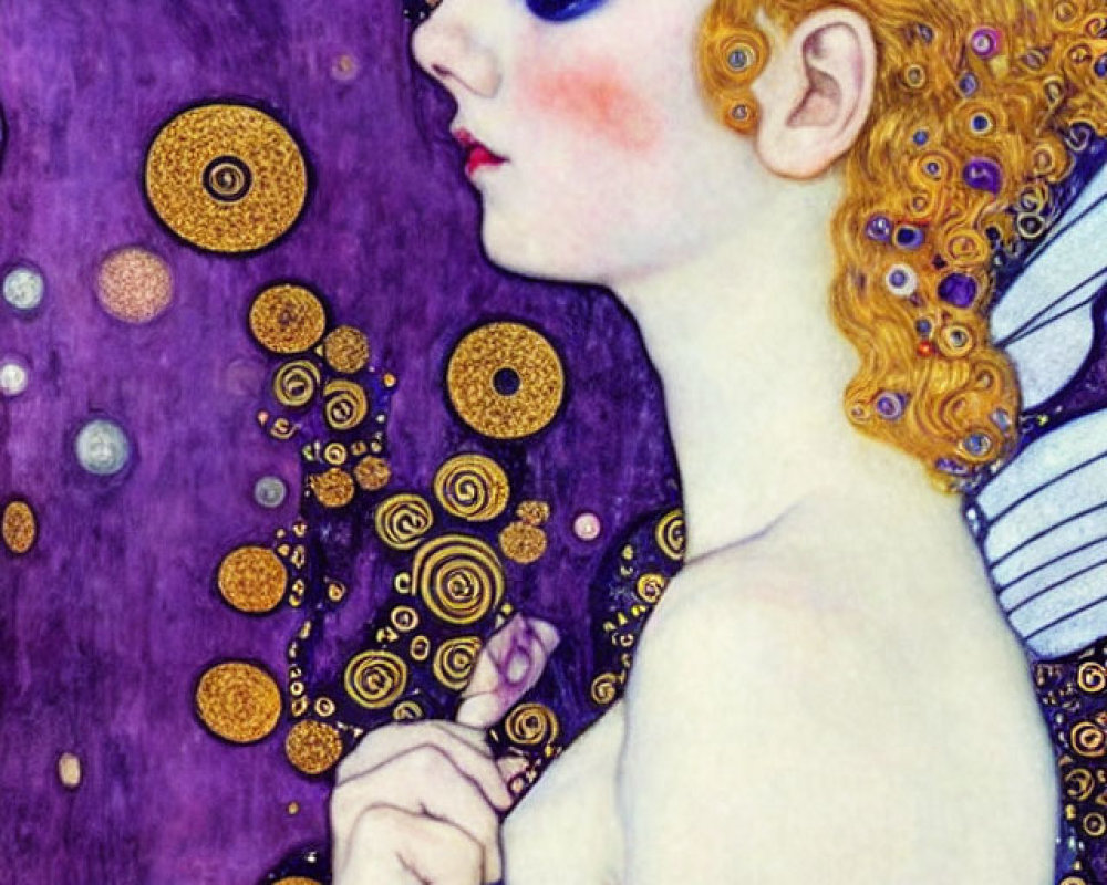 Red-haired female in whimsical attire on purple background with gold celestial motifs