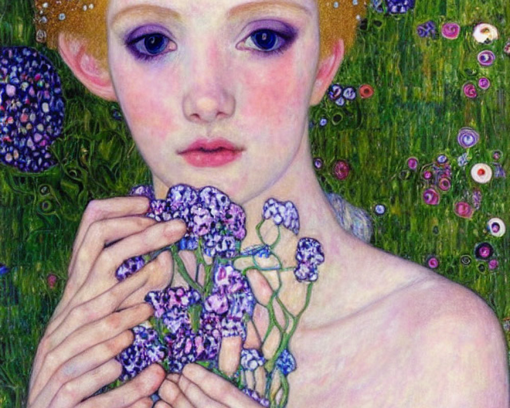 Fair-skinned individual with red hair holding purple flowers against floral background