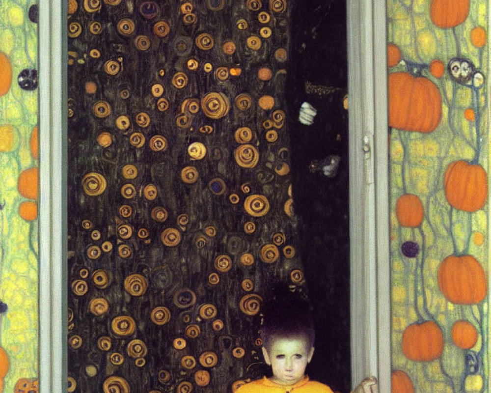 Two children in Halloween costumes with pumpkins and jack-o'-lantern backdrop.