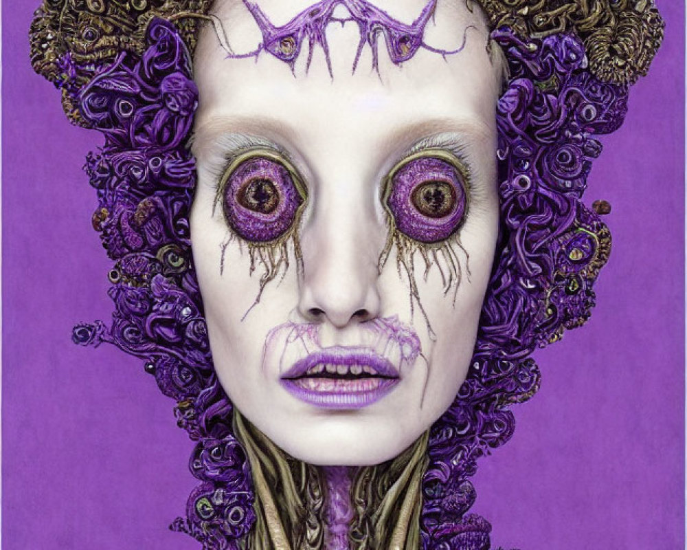 Detailed surreal portrait of a person with ornate purple headpiece, yellow eyes, cracked makeup, and