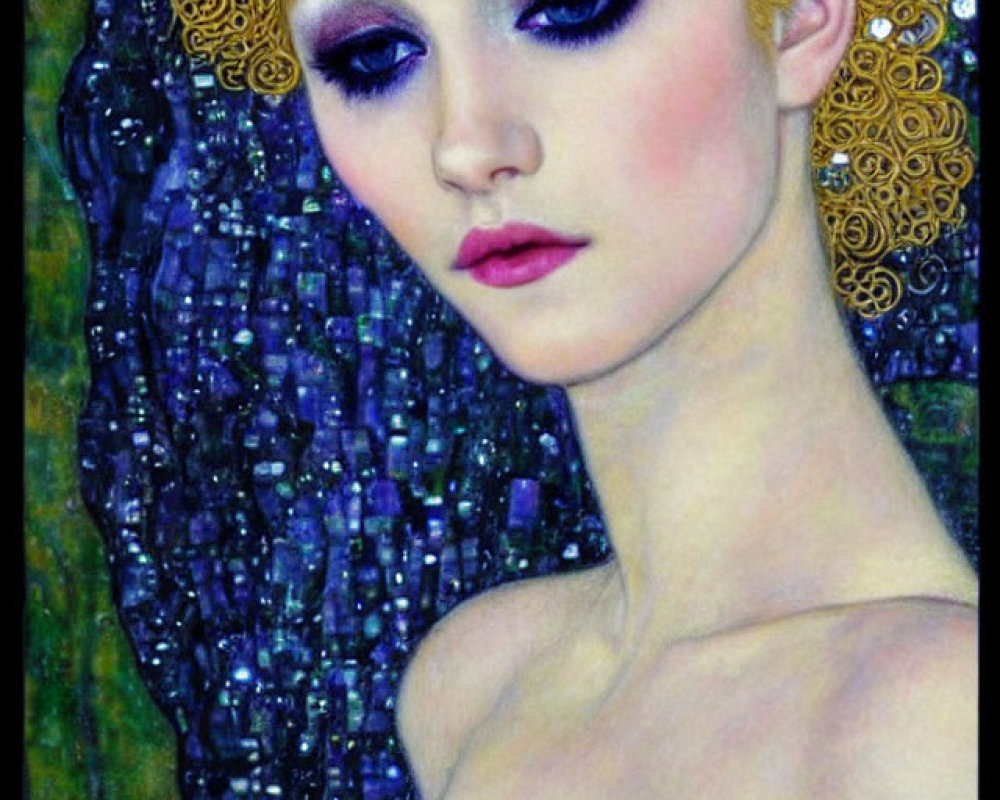 Pale woman with purple eye makeup and golden hair against dark blue foliage