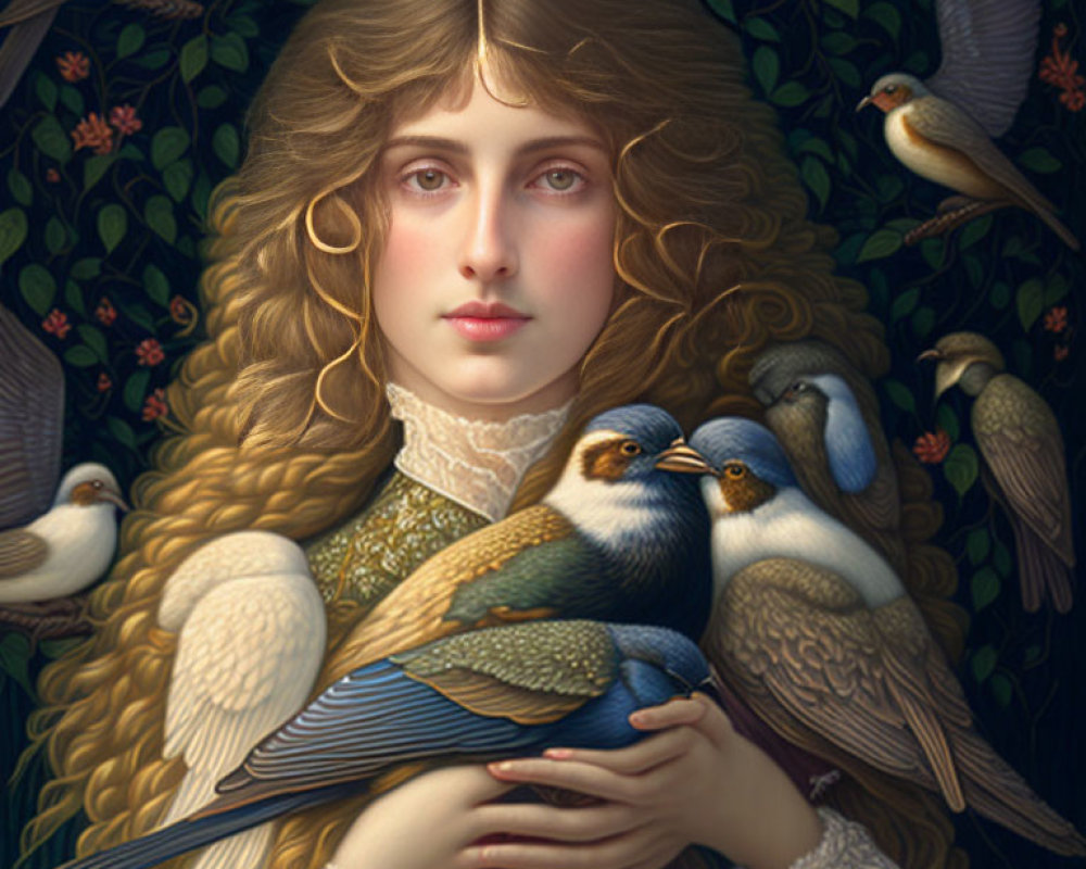 Woman with Long Wavy Hair Surrounded by Birds in Mystical Setting