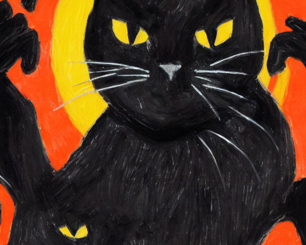 Hand-drawn image of a large black cat with white eyes on orange and yellow background with bat sil