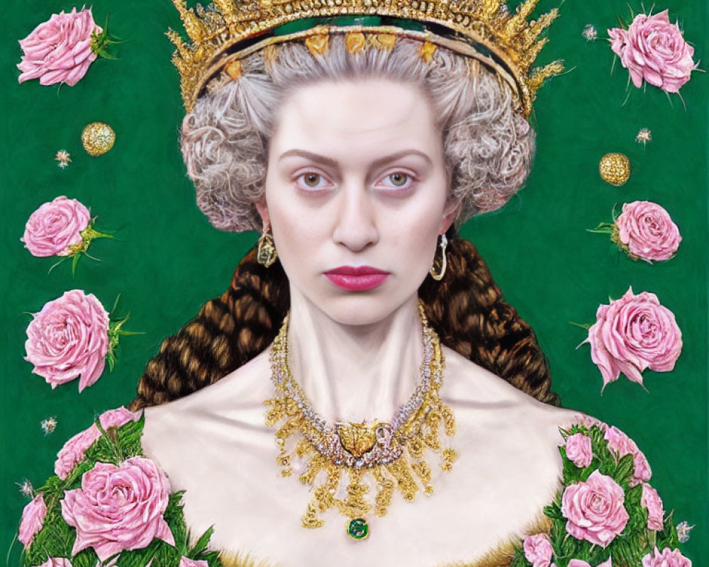 Solemn-faced woman in gold crown and necklace on green background with pink roses