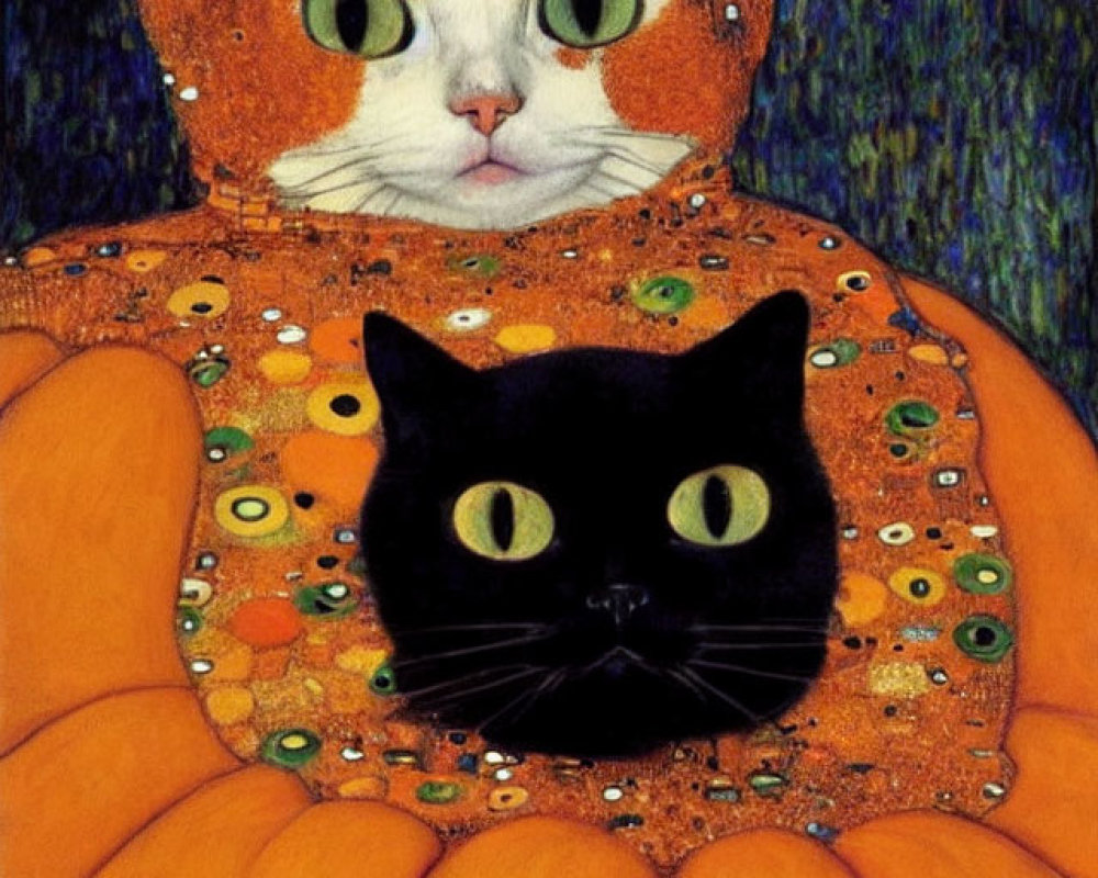 Calico and Black Cat with Pumpkin in Textured Background