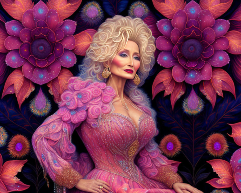 Blonde Curly-Haired Woman in Pink Gown Surrounded by Purple and Blue Flowers