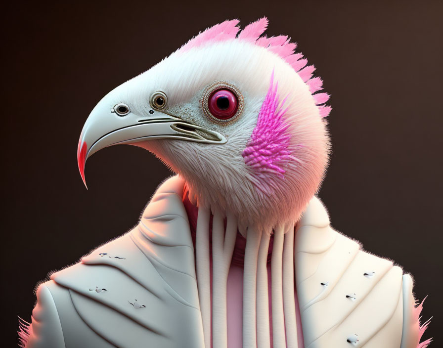 Stylized bird with humanoid gaze, pink feathers, red eyes, curved beak on dark background