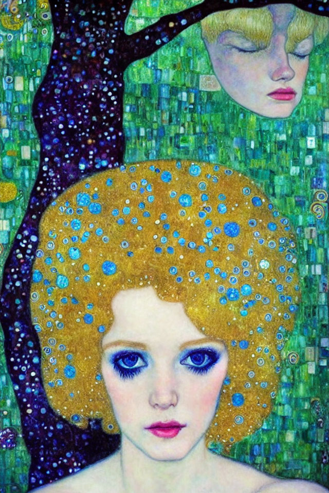 Vivid Art Nouveau painting of two women's faces with jewel-toned patterns.