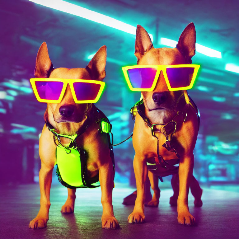 Colorful Neon Sunglasses on Two Dogs in Funky Setting