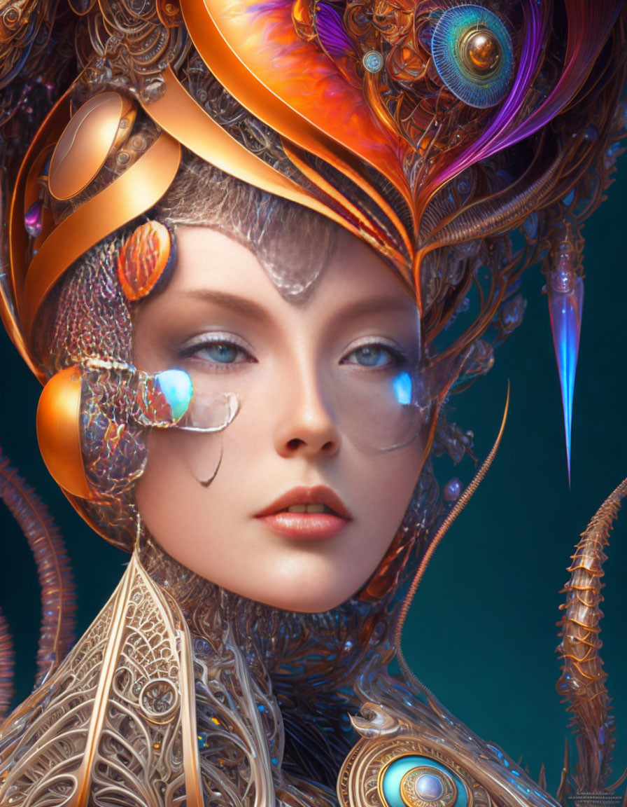 Futuristic woman with ornate metallic headgear and peacock feathers