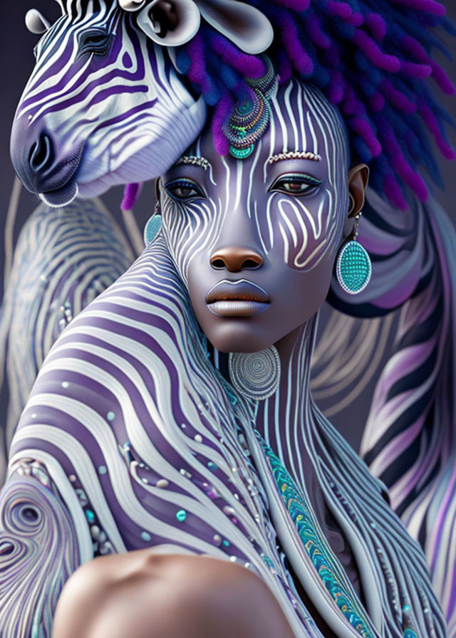 Surreal woman with zebra patterns in bold purple hues