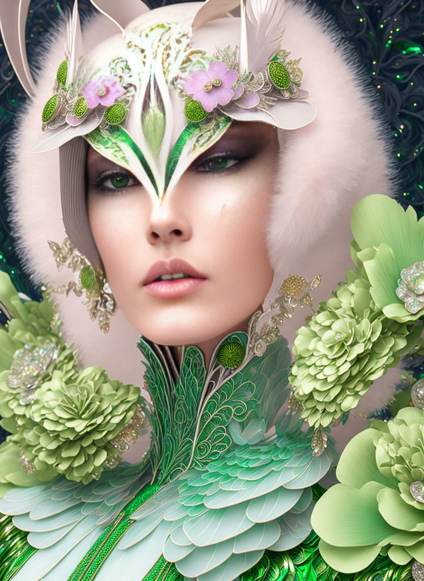 Person with glowing skin and ornate feather attire in fantastical portrait