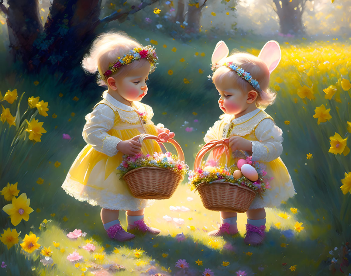 Two Toddlers in Yellow Dresses and Bunny Ears Holding Baskets in Sunny Field