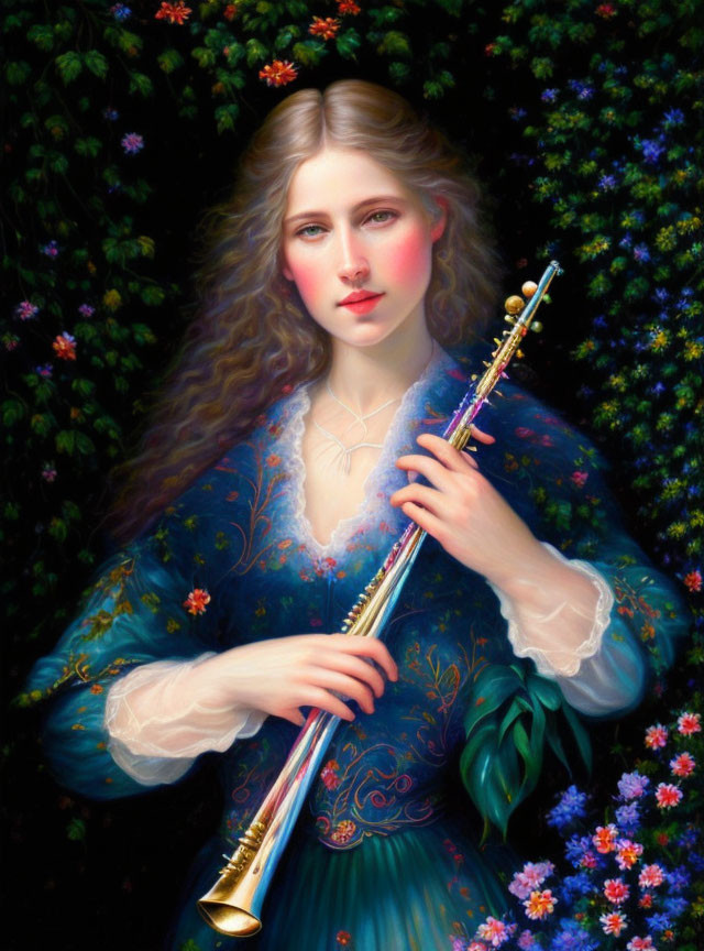 Woman with flowing hair holding flute in detailed blue gown against floral background