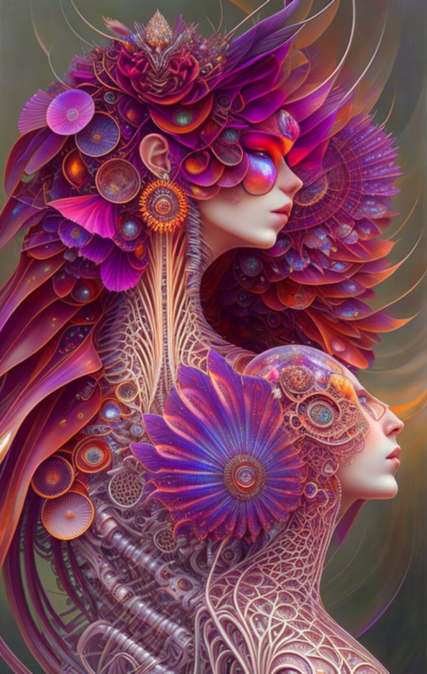 Colorful dual profile digital artwork with ornate headdresses on muted backdrop