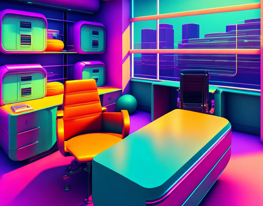 Colorful Retro-Futuristic Office Space with Neon Decor