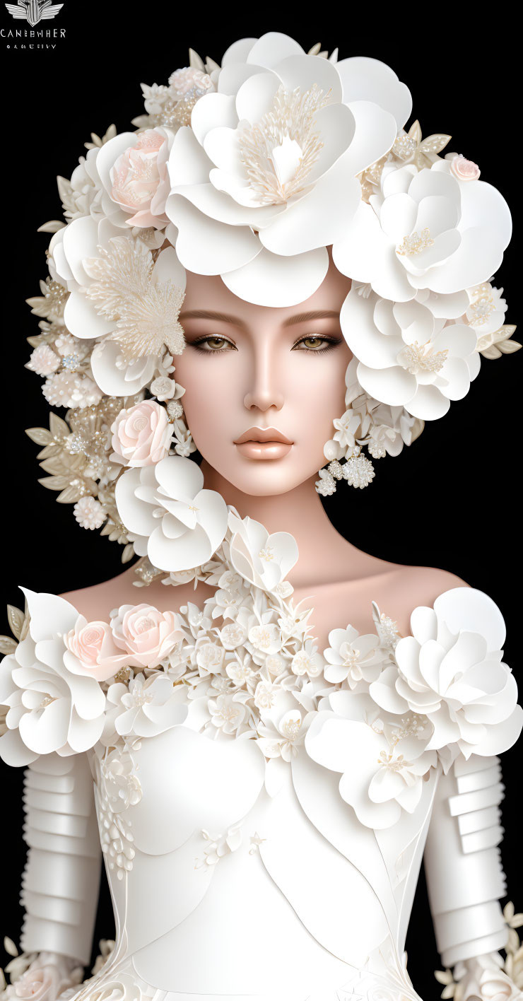 Digital Artwork: Woman in Intricate Floral Headdress and Dress