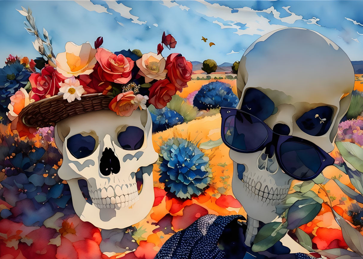 Stylized skulls with flowers and sunglasses on vibrant floral backdrop