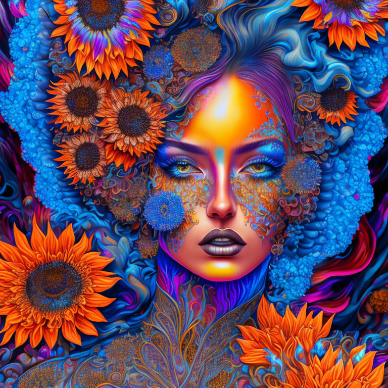 Colorful digital art of woman's face with intricate floral patterns