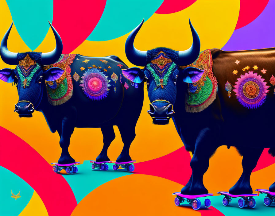 Colorful Bulls on Skateboards With Abstract Background