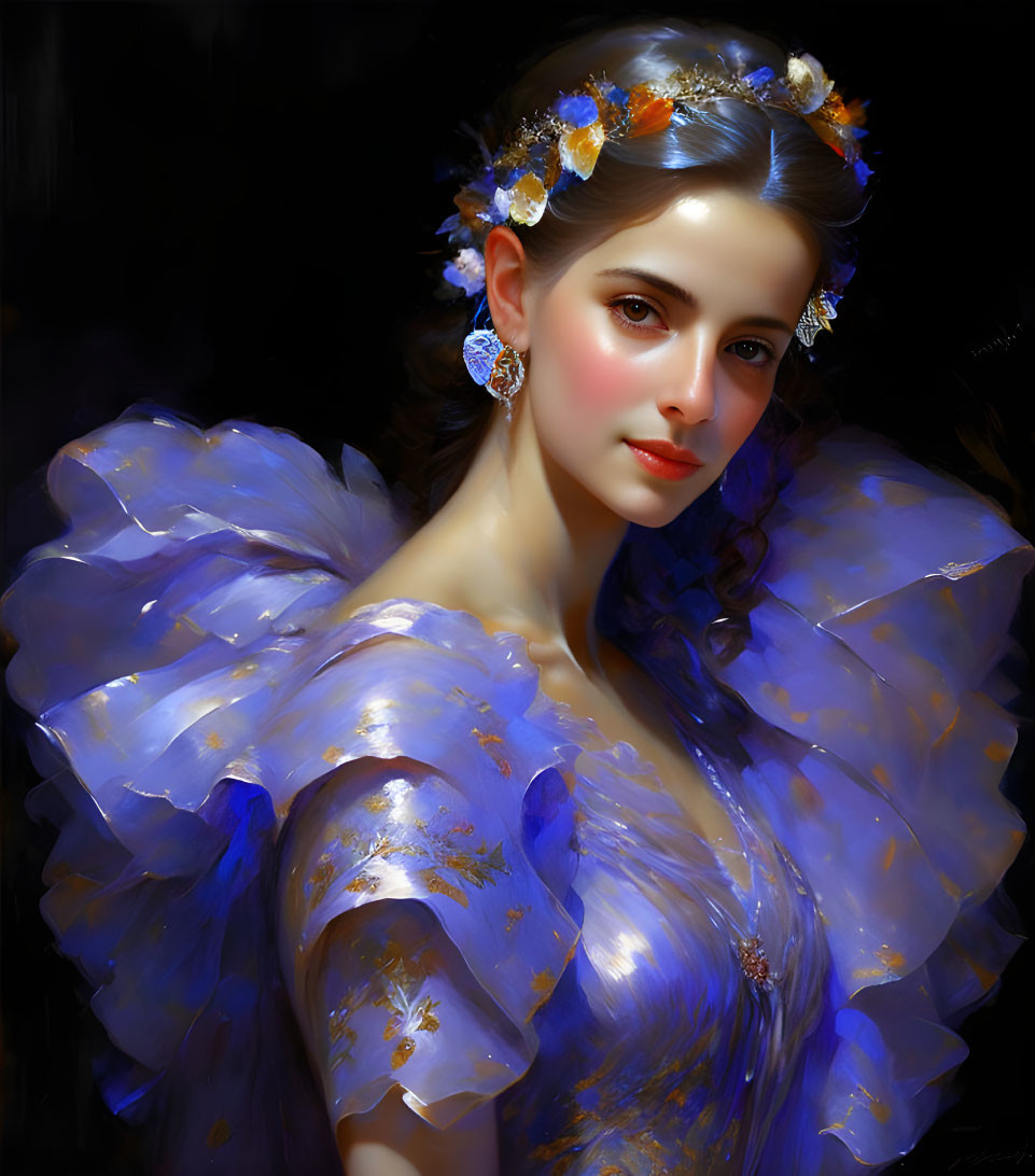 Ethereal woman in floral crown and blue gown with gold accents poses gracefully