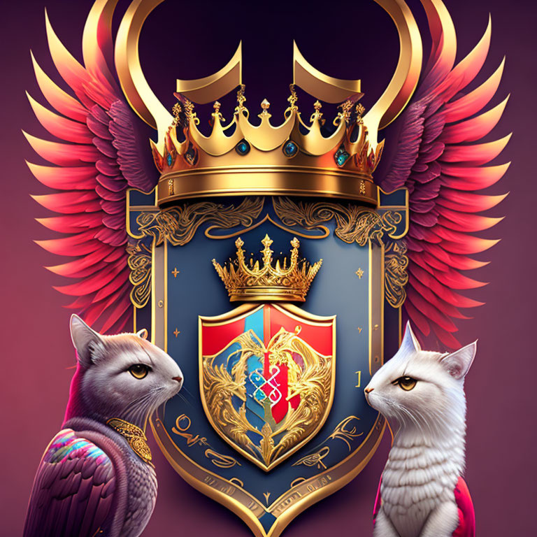 Symmetrical regal crest with crown, winged shield, and fantastical cats