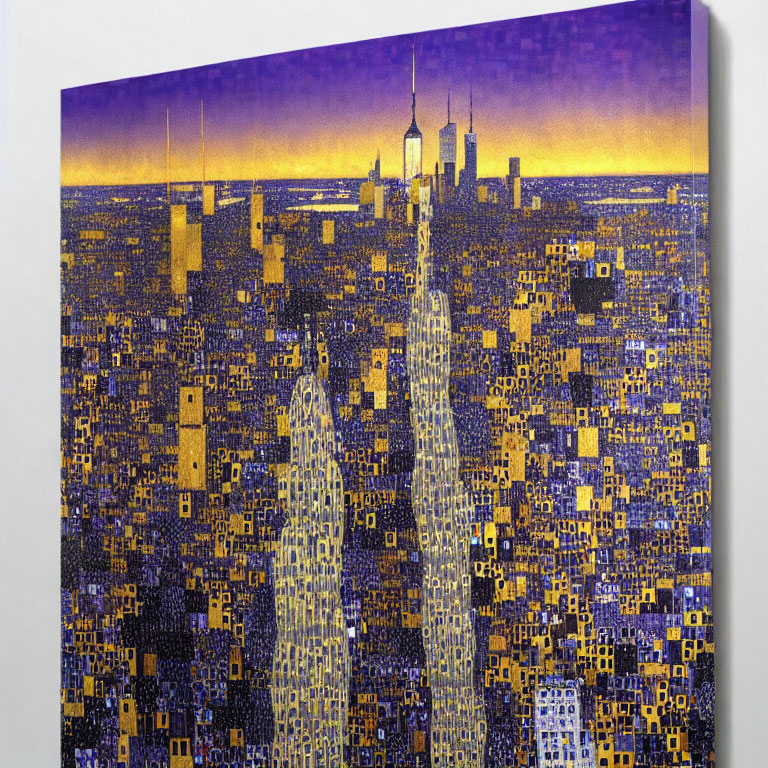 Stylized cityscape canvas print with detailed buildings under golden sky