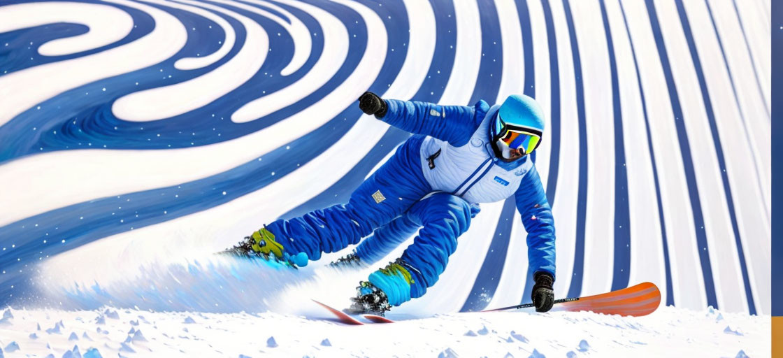 Snowboarder in Blue Suit Carving Turn on Snowy Slope