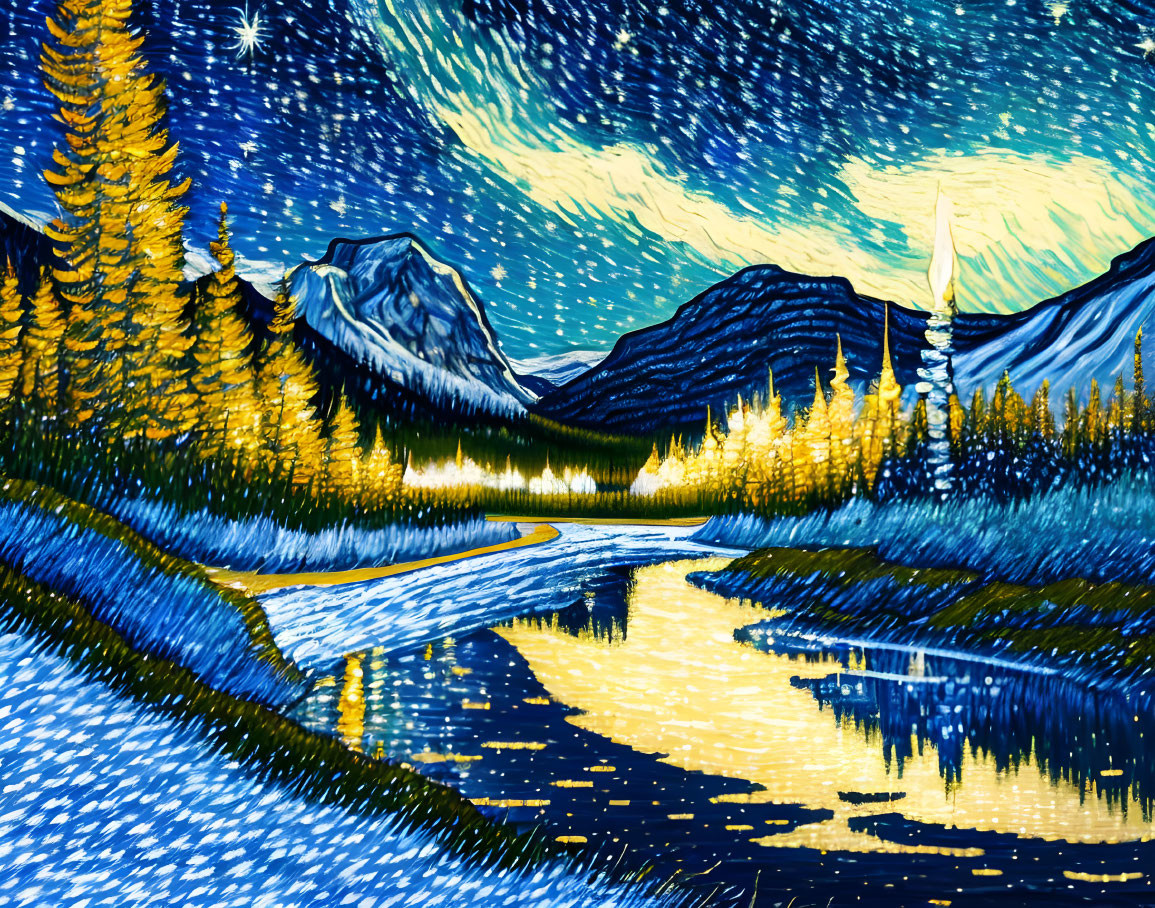 Starry Night Painting: Mountain Landscape with River