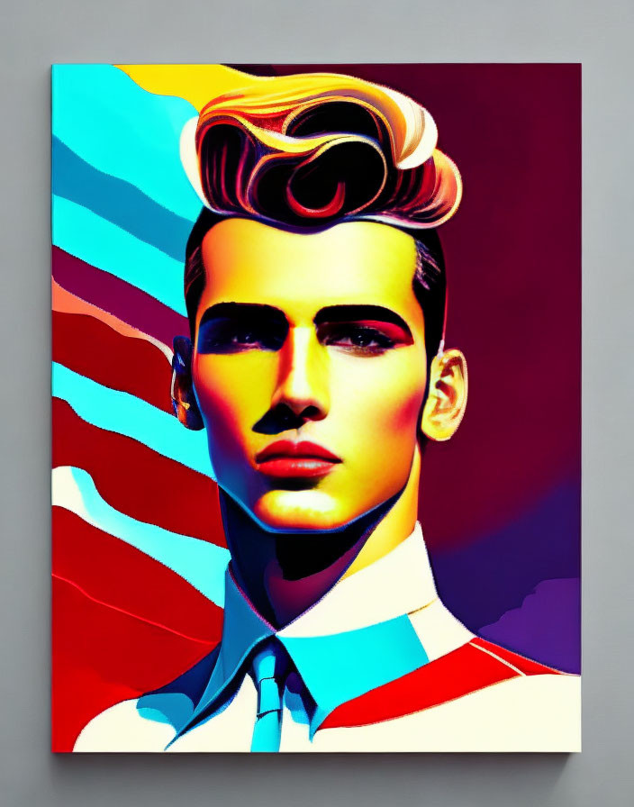 Colorful digital portrait of a stylized man with exaggerated features and quiff hairstyle.