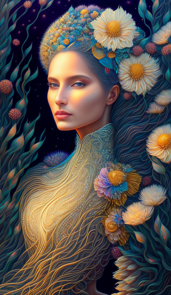 Digital portrait of woman adorned with floral patterns on starry backdrop