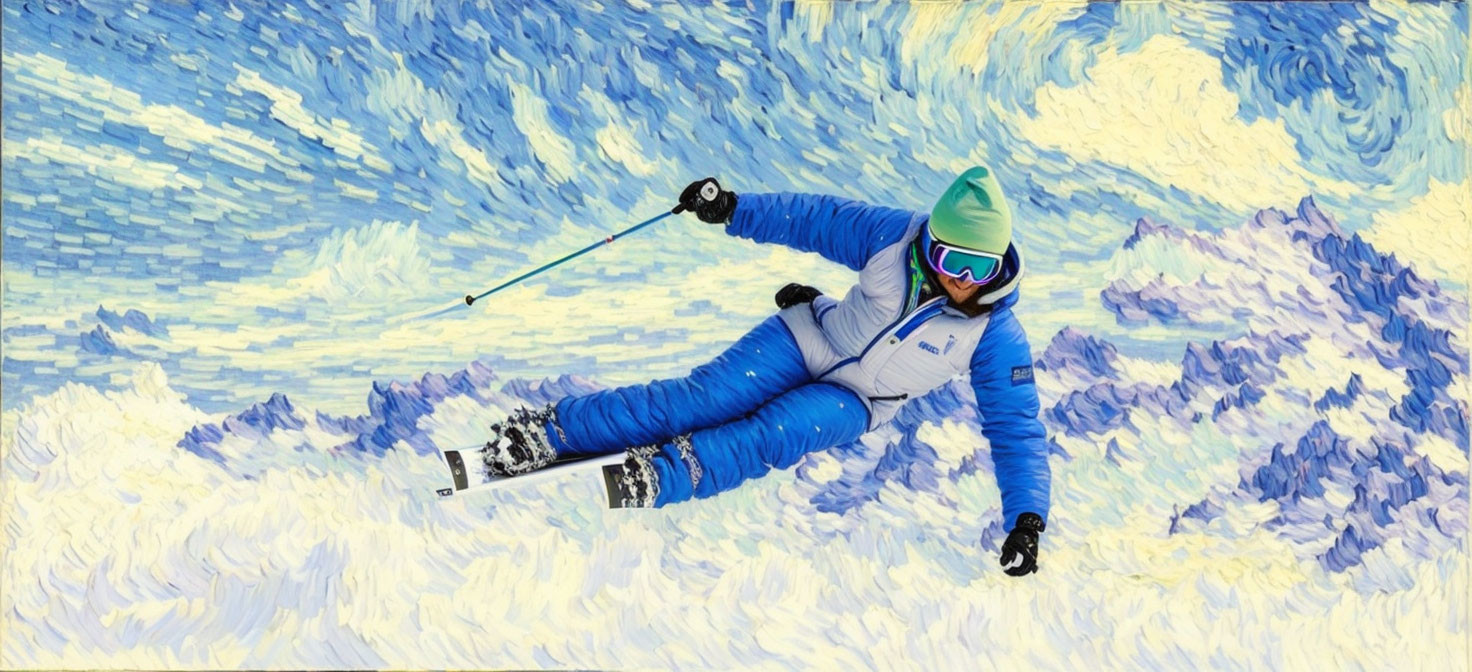 Skier in Blue Attire Carving Through Snowy Slopes