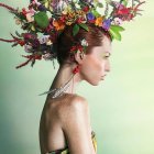 Elaborate headgear with flowers, jewels, and feathers in digital art