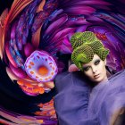 Stylized fantastical female figures with purple and gold hair among crescent moons