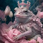 Regal frog with crown among pink flowers and adorned skin.