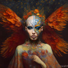 Colorful feathered wings and ornate jewelry on ethereal woman embodying angelic or mythical being