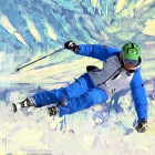 Skier in Blue Attire Carving Through Snowy Slopes