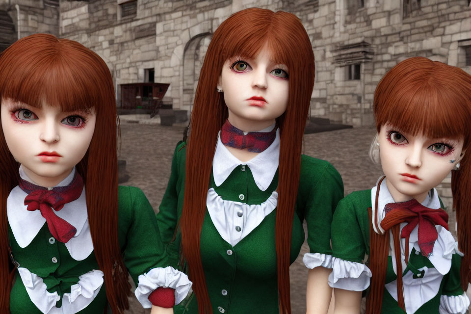 Three auburn-haired dolls in green dresses and white blouses by a stone building