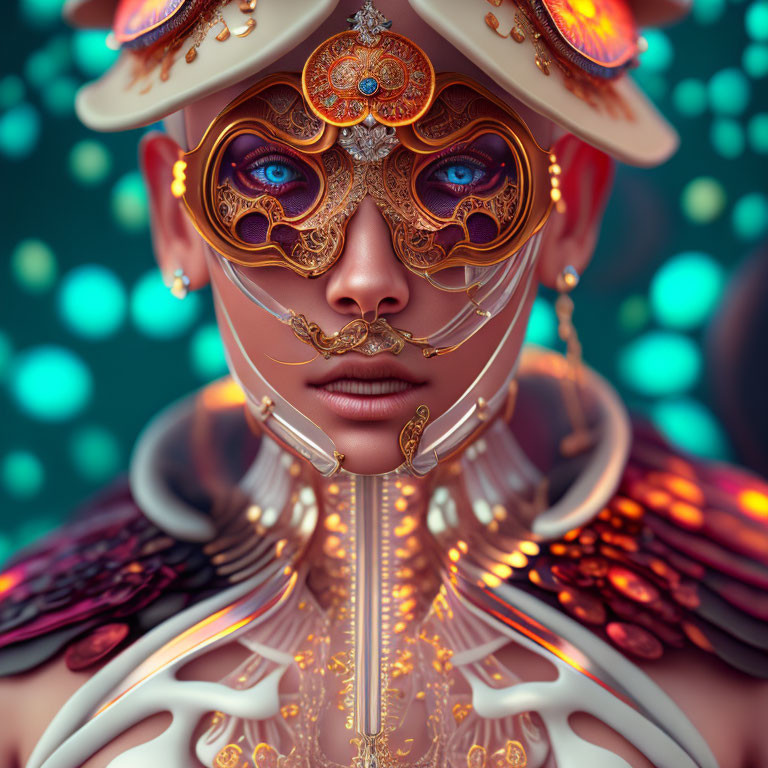 Detailed digital artwork: person with ornate golden mask and headgear, intricate designs, vivid blue eyes