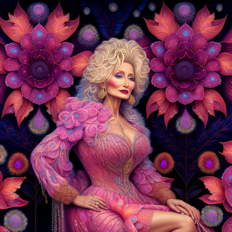 Blonde Curly-Haired Woman in Pink Gown Surrounded by Purple and Blue Flowers